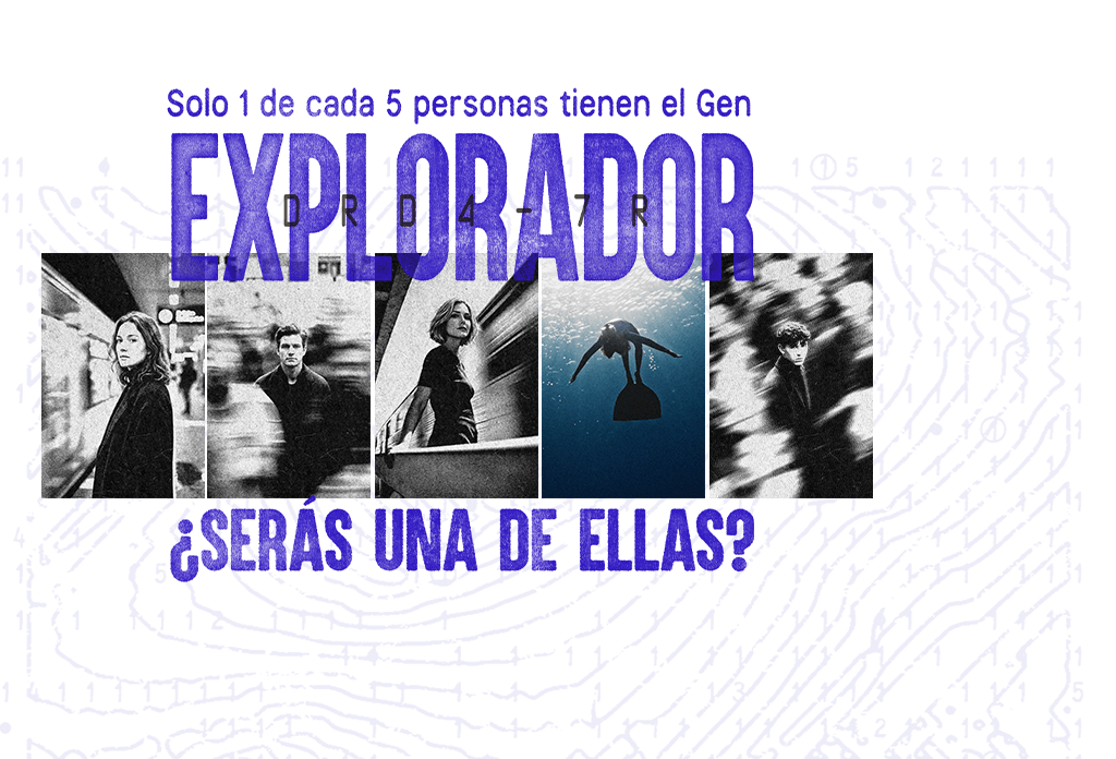 Infografía panorámica de la campaña Gen Explorador en Tenerife que muestra la estadística de que solo 1 de cada 5 personas posee el gen DRD4-7R.