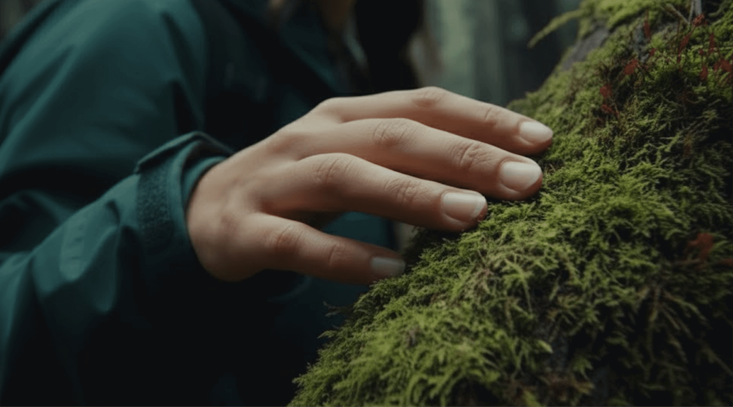 Primer plano de una mano tocando suavemente el musgo verde sobre un tronco de árbol en un bosque húmedo de Tenerife, transmitiendo una sensación de paz y exploración natural.